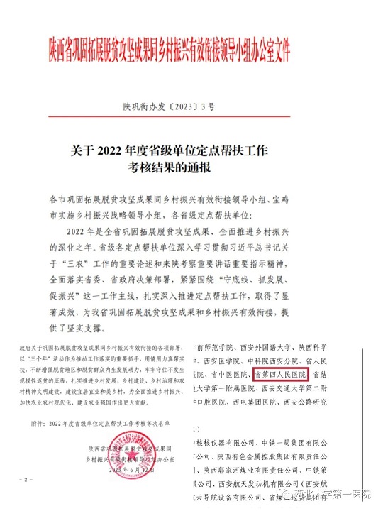 西北大学第一医院（原陕西省第四人民医院）荣获 2022年度乡村振兴省级定点帮扶 优秀单位
